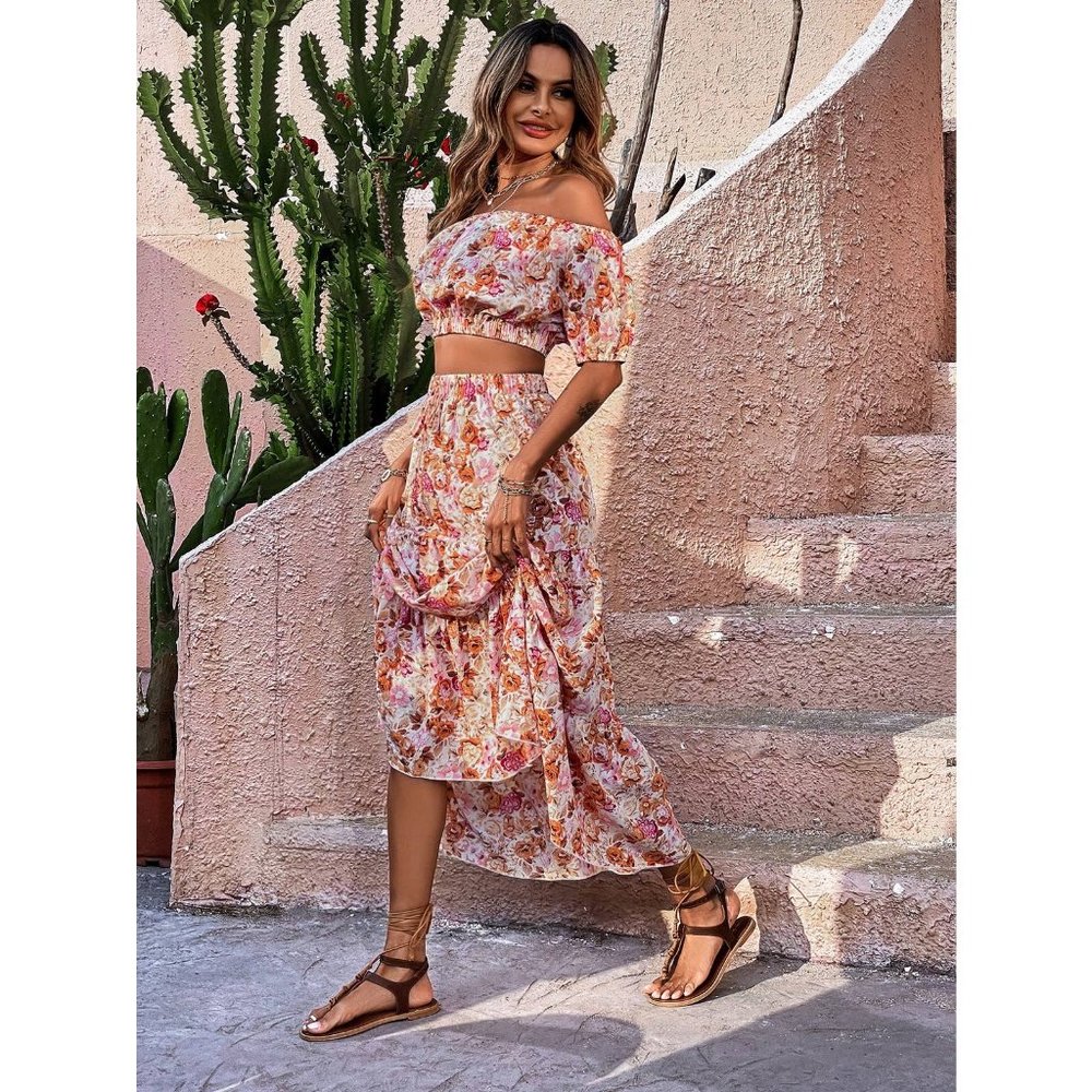 2 piece set Floral Off Shoulder Puff Sleeve Crop Top & Ruffle Hem maxi Skirt set - Picture 3 of 6